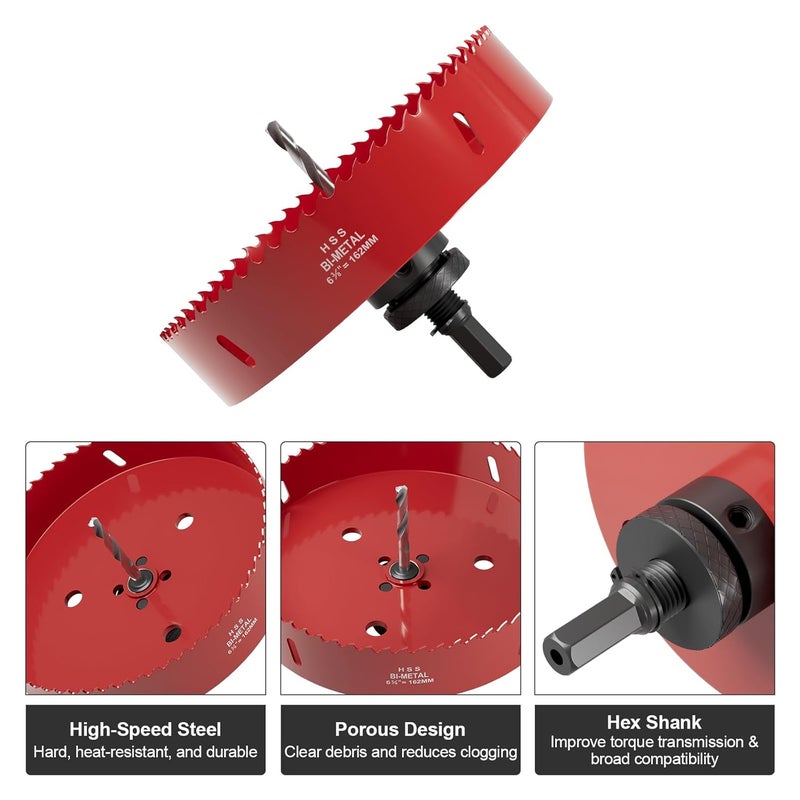 FIVELAKE 6-3/8" (162mm) Bi-Metal M42 High Speed Steel Hole Saw with Pilot Drill Bit, Smooth Cutting Edge for PVC, Drywall, Wood, Plastic, Gypsum Board, Rubber, Thin Metal - Image 2